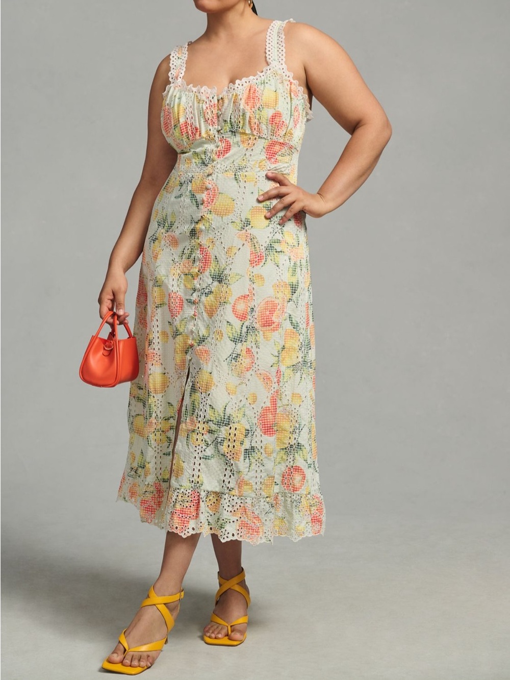 Floral Eyelet Midi Dress in Yellow & Coral